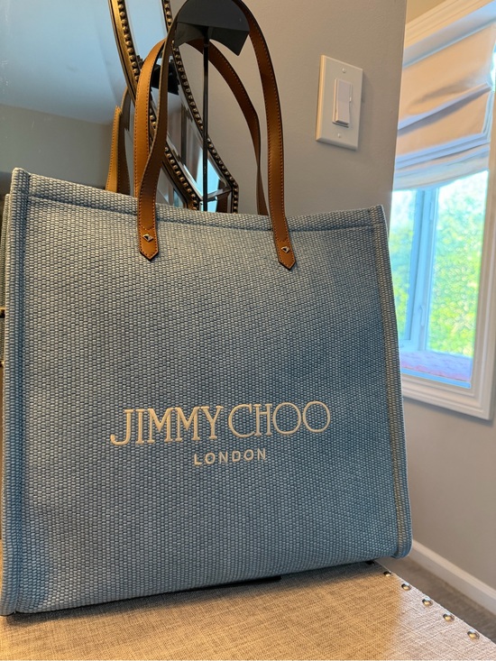Jimmy Choo Handbags - Jimmy Choo NIP London Rhea Blue Raffia Tote Brown Leather Handles $795 MSRP COA